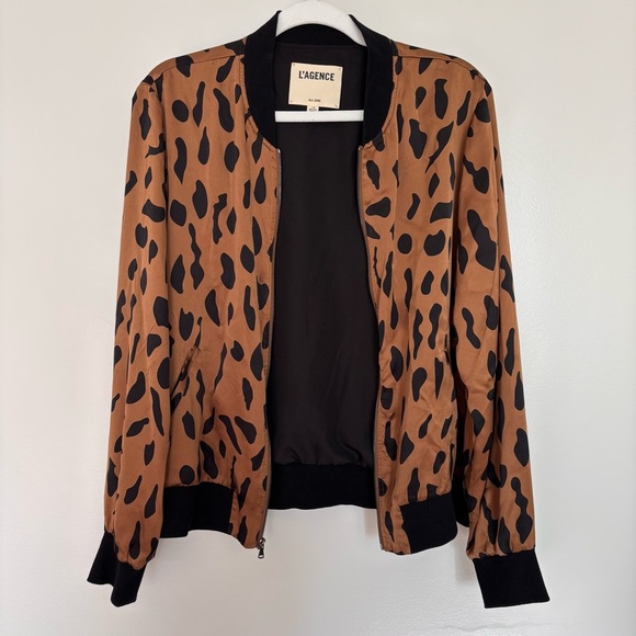 New! L’AGENCE Ollie Cheetah‎ Silk Bomber Jacket Leopard Camel/Black Size Large - Picture 7 of 16